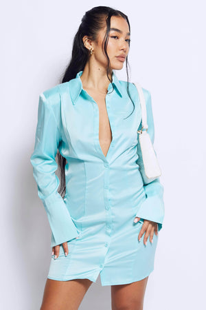 Aqua Button Down Cuffed Satin Shirt Dress