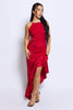 Red Satin Asym Lace Up Frilly Midi Dress