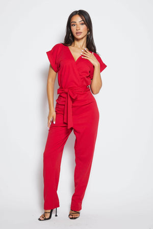 Red Wrap Short Sleeve Jumpsuit