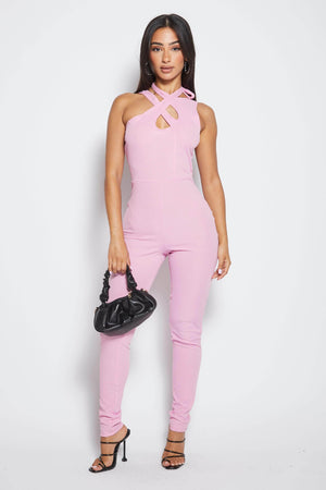 Rose Pink Ribbed Halter Neck Jumpsuit