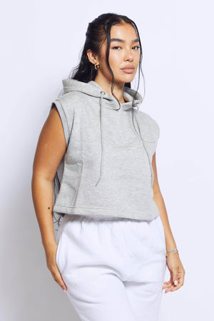 Grey Cropped Drawstring Sleeveless Hoodie