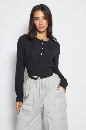Black Ribbed Long Sleeve Button Top