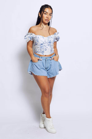 Light Blue Denim Fray Hem Flared Shorts