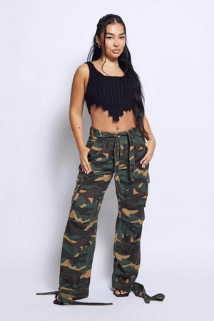 Dark Camo Low Rise Tie Hem Baggy Cargo Trousers