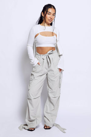 Stone Ankle Tie Belted Cargo Trousers