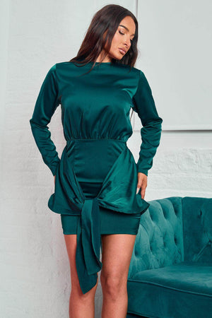 Emerald Satin Long Sleeve Tie Front Mini Dress