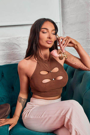 Brown Sheer Diamante Cut Out Halter Neck Top