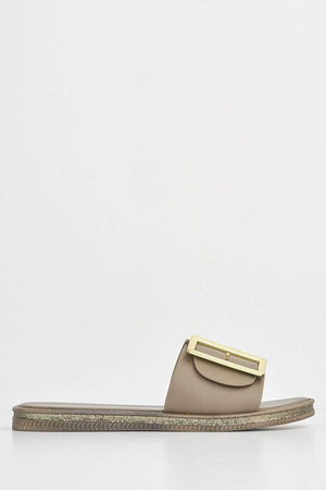 Matte Khaki Synthetic Sliders with Gold Buckle