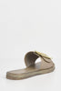 Matte Khaki Synthetic Sliders with Gold Buckle