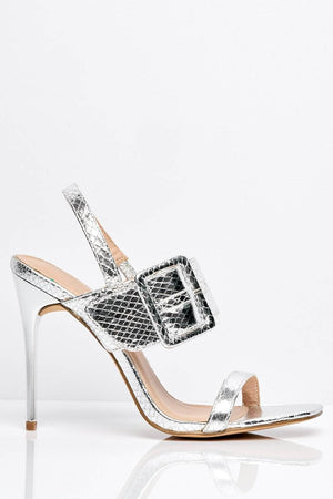 Silver Pu Croc Buckle Strap Heels