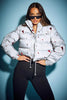 Silver & Red Printed Crop Puffer Jackets