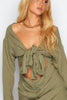 Khaki Linen Bardot Tie Front Mini Dress