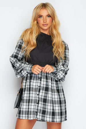 Black Contrast Gingham Buttoned Dress