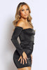 Black Satin Bardot Mini Dress with Chain Detail