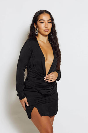 Black Silky Long Sleeve Plunge Shift Dress