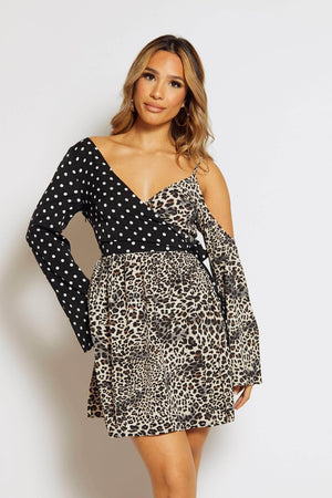 Leopard Printed One Shoulder Contrast Polkadot Wrap Dress