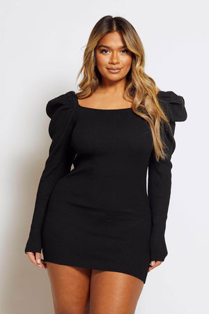 Black Puff Sleeve Ribbed Mini Dress