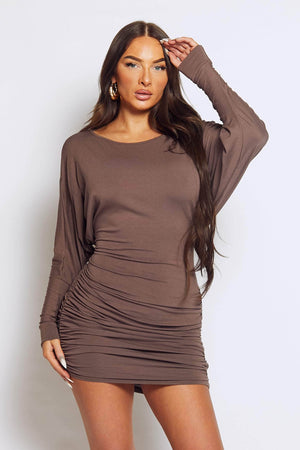 Brown Jersey Long Sleeve Jumper Dress with Ruched Sides
