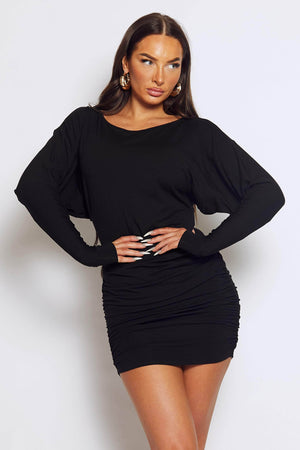 Black Jersey Long Sleeve Jumper Dress with Ruched Sides