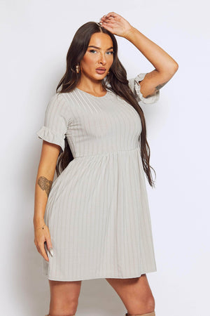 Grey Ribbed Short Sleeve Smock Dress