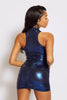 Blue Foil Metallic High Neck Ruched Midi Dress