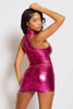 Hot Pink Foil Metallic High Neck Ruched Midi Dress