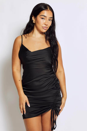 Black Satin Cowl Neck Mini Ruched Side Tie Dress