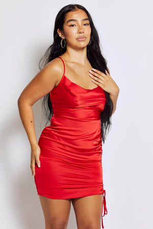 Red Satin Cowl Neck Mini Ruched Side Tie Dress