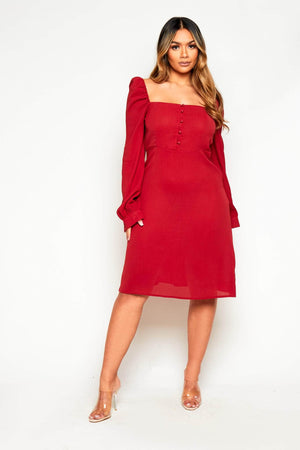 Rust Square Neck Buttoned Shift Dress