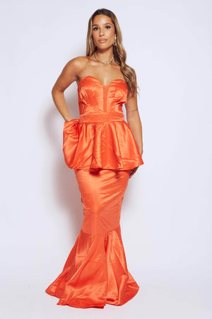 Orange Silk Bandeau Ruffle Fishtail Dress