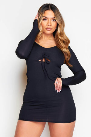 Black Drawstring Ruched Ribbed Dress