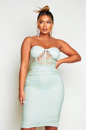 Sage Ruched Lace Bodice Bandeau Midi Dress