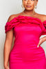 Hot Pink Taffeta Fril Edge Bardot Bodycon Dress