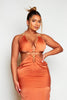 Rust Satin Halterneck Cut Out Ring Maxi Dress