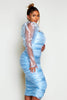 Dusty Blue Organza Ruched Bardot Midi Dress