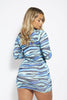 Blue Abstract Slinky Long Sleeve Bodycon Dress