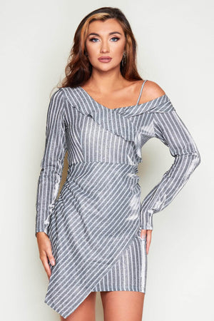 Grey Stripe Metallic One Shoulder Wrap Dress