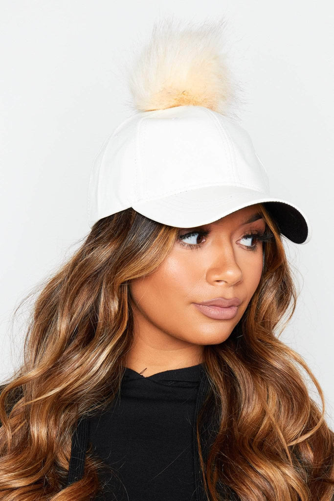 White Pu Baseball Cap with Nude Pom Poms