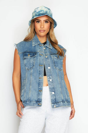 Plus+ Light Wash Sleeveless Distressed Jacket