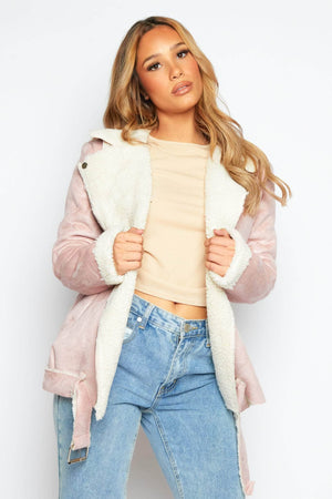 Pink Aviator Jacket with Cream Borg Collar