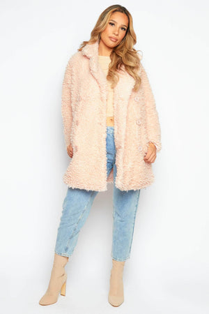 Pink-Oversize-Double-Breasted-Faux-Fur-Jacket