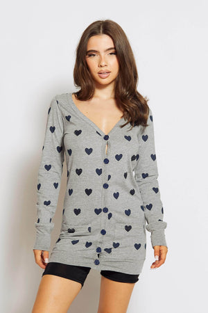 Grey Jersey Heart Printed Cardigan in Blue