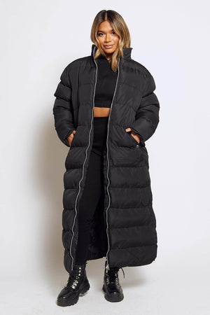 Black Padded Long Zip Up Puffer Coat