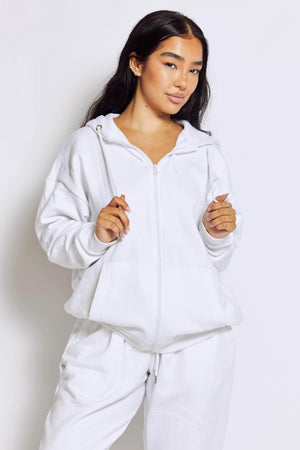 White Oversize Zip Through Hoodie