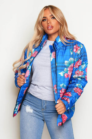 Blue Floral Print Puffer Jacket