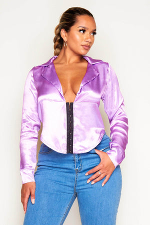 Tall Lilac Satin Long Sleeve Corset Top