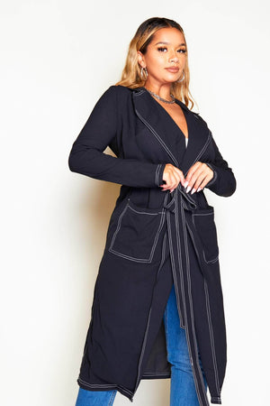 Black Stitch Detail Belted Duster Coat