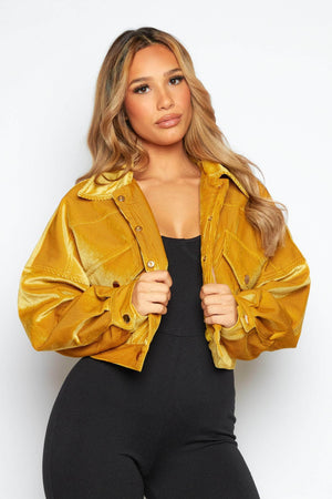 Mustard Cord Cropped Oversize Popper Jacket