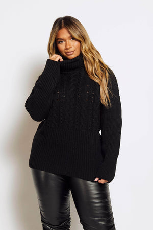 Black Chunky Cable Knit Roll Neck Jumper