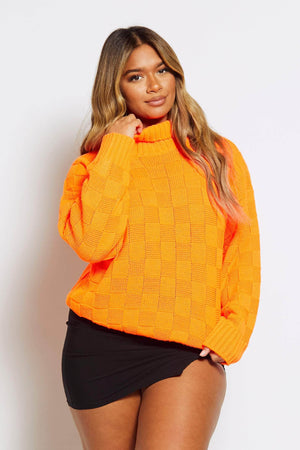 Orange Checkerboard Roll Neck Knitted Jumper